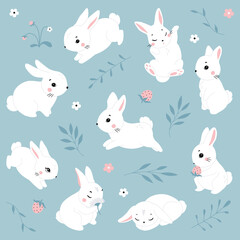 Obraz premium Cute cartoon rabbits. Funny white hares, Easter bunnies. Standing, sitting, running, jumping, sleeping pose. Set of flat cartoon vector illustrations isolated on background. White Easter bunny rabbits