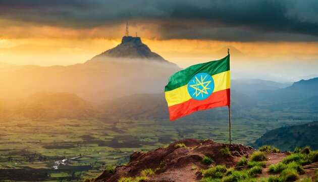 The Flag of Ethiopia On The Mountain.