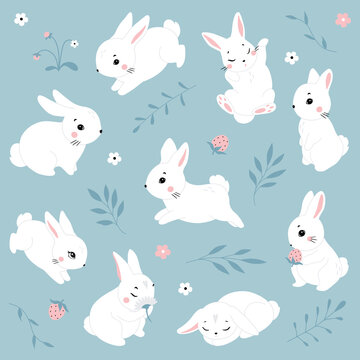 Cute cartoon rabbits. Funny white hares, Easter bunnies. Standing, sitting, running, jumping, sleeping pose. Set of flat cartoon vector illustrations isolated on background. White Easter bunny rabbits
