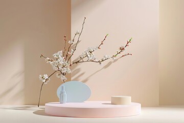 minimalist spring still life with geometric podium and flowering branch pastel colors