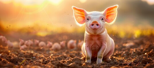 Adorable tiny piglet in a picturesque rural farmyard scene, cute farm animal in natural setting