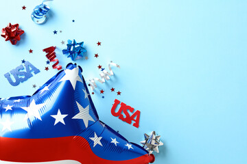 American balloon with signs USA on blue background. 4th of July, Happy Independence Day banner design.