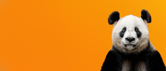 A front view of a giant panda face set against a simple yet striking orange background to draw focus