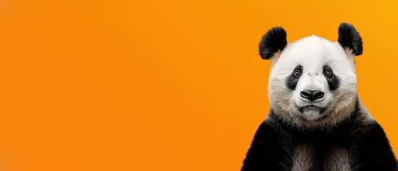  A front view of a giant panda face set against a simple yet striking orange background to draw focus © Fxquadro