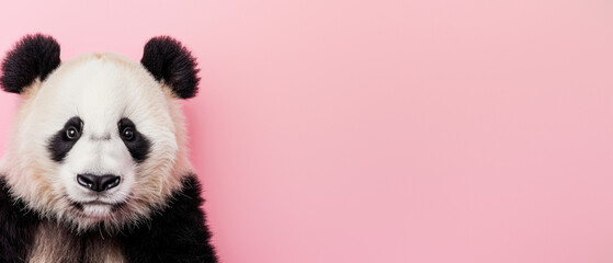 Fototapeta premium A person in a panda costume is featured against a vibrant pink background, with the face artistically obscured
