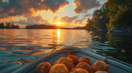 A photo of floating Swedish meatballs, with a midsummer sunset over a serene Swedish lake as the background