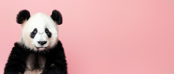 This cute image captures a panda cub looking straight at the camera set against a minimalistic pink...
