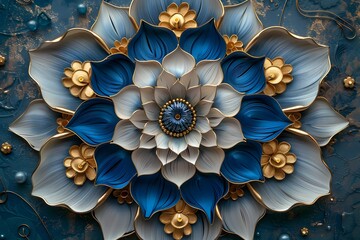 blue and gold mandala, paper quilling art style
