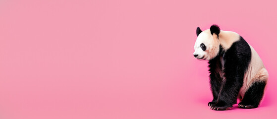 This image of a panda cub looking to the side provides a sense of curiosity and wonder, with a spacious pink background offering a modern, simplistic style