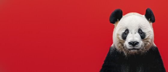 A captivating portrait of a panda against a stark red backdrop, highlighting the contrast and...