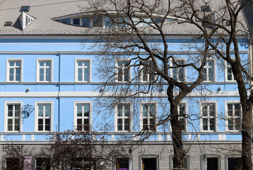 Blue facade of a building in the center Bratislava, Slovakia. European architecture concept. 