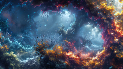 Fototapeta premium Vibrant cosmic scene with colorful nebulae and star clusters, resembling an underwater coral reef in space.