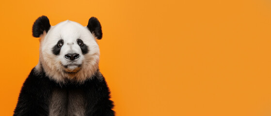 A captivating portrait of a giant panda against a stark orange background highlighting the panda's...