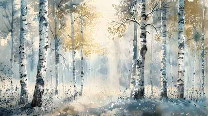 Silver Birch Trees with dappled sunlight streaming through - obrazy, fototapety, plakaty