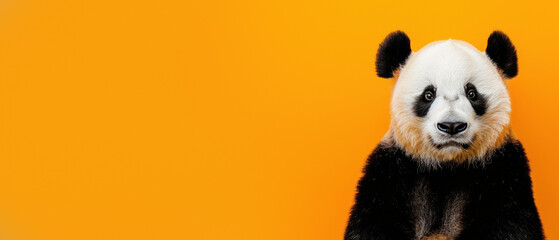 The contemplative gaze of the panda against the unmissable orange background elicits a human-like...