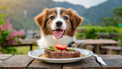 Cooked steak placed on a plate in front of a cute dog