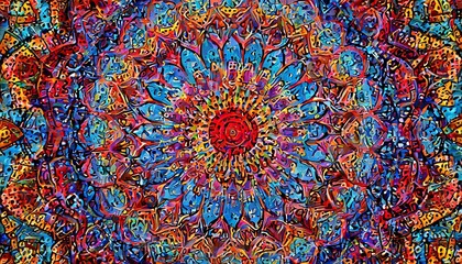 close up of colorful fabric, Mandala art with dot patterns in warm and cool colors, ideal for peace and creativity through art therapy. Serene mandala design blending red and blue, perfect for meditat