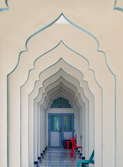 Interior diminishing perspective view of hallway along with gable partitions wall and plastic...