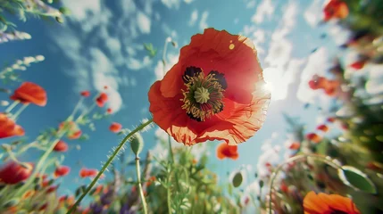Fotobehang Fisheye photo of poppy seeds flowers, field of blossom buds of poppy seeds, red and green colors and blue cloudy sky. Distortions of angle and view © Aleksandr_Konkov
