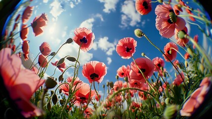 Fisheye photo of poppy seeds flowers, field of blossom buds of poppy seeds, red and green colors and blue cloudy sky. Distortions of angle and view