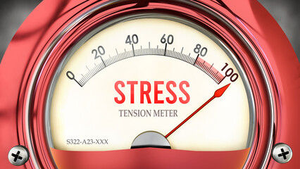 Stress and Tension Meter that is hitting a full scale, showing a very high level of stress, overload of it, too much of it. Maximum value, off the charts.  ,3d illustration