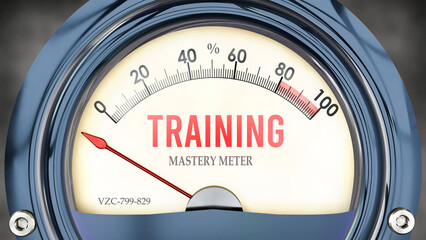 Training and Mastery Meter that hits less than zero, showing an extremely low level of training, none of it, insufficient. Minimum value, below the norm. Lack of training. ,3d illustration - obrazy, fototapety, plakaty