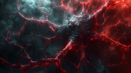 Abstract image of a red and black textured surface resembling a network of veins or cracks, illuminated with a vibrant red light.