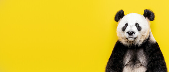 Frontal view of a panda bear against a plain yellow background, showcasing minimalist artistic style