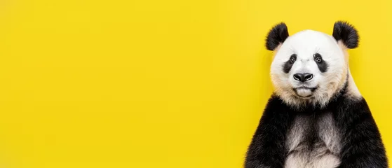 Tuinposter Frontal view of a panda bear against a plain yellow background, showcasing minimalist artistic style © Fxquadro