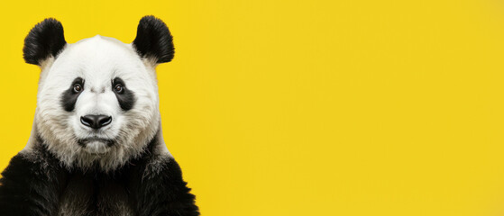 This image presents a thoughtful panda with a pensive expression set against a bright yellow background, highlighting the creature's contemplative demeanor