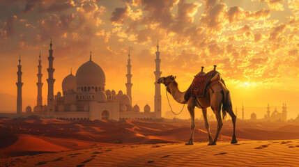 A solitary camel adorned with a traditional saddle against a majestic muslim mosque at sunset in the serene desert landscape.