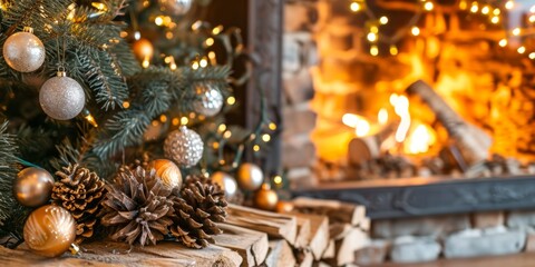 Fototapeta na wymiar Christmas Interior of festive living room with fireplace. Christmas socks with gifts on fireplace in living room. Festive New Year magic background