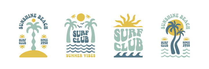 Boho groovy palm tree beach sun sea. Surf club vacation and sunny summer day aesthetic. Vector illustration background in trendy retro naive simple style. Pastel yellow blue braun colors. - obrazy, fototapety, plakaty