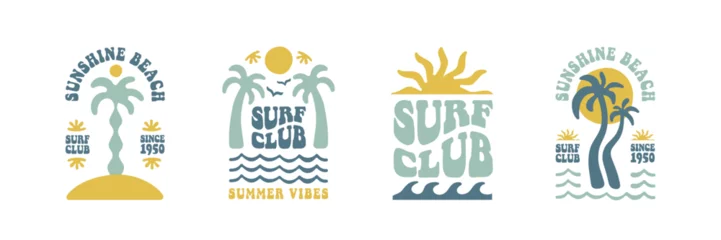Poster Boho groovy palm tree beach sun sea. Surf club vacation and sunny summer day aesthetic. Vector illustration background in trendy retro naive simple style. Pastel yellow blue braun colors. © Martyshova