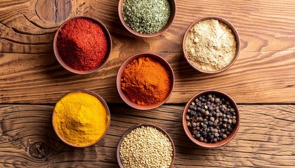 Spice Symphony: Colorful Varieties on Wooden Table