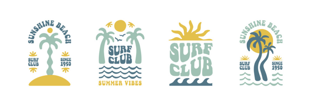 Fototapeta Boho groovy palm tree beach sun sea. Surf club vacation and sunny summer day aesthetic. Vector illustration background in trendy retro naive simple style. Pastel yellow blue braun colors.