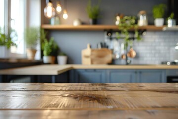 modern kitchen interior with wooden table top blurred background - obrazy, fototapety, plakaty