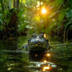 Obraz premium Alligator in Natural Habitat: Wildlife Reptile in Sunlit Swamp
