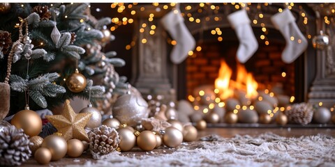 Christmas Interior of festive living room with fireplace. Christmas socks with gifts on fireplace in living room. Festive New Year magic background