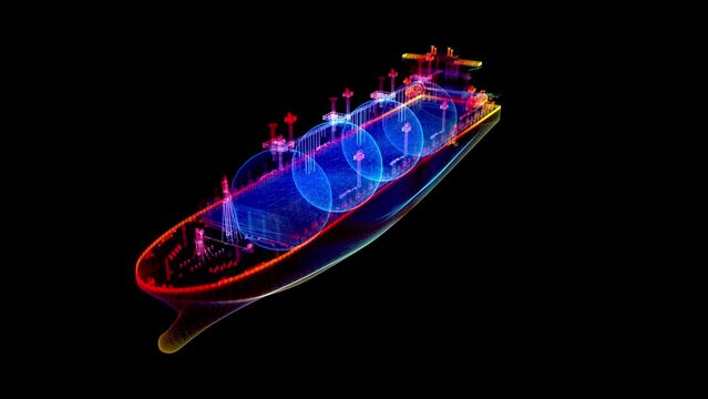 Gas carrier LNG. Blue particle and lines form 3d model Gas tanker. Rotation animation in 3d virtual space