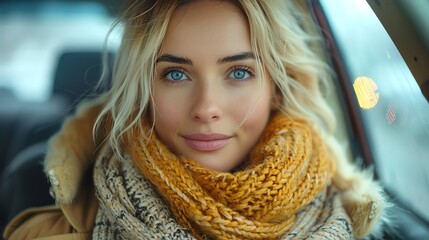 A realistic photo of a blond woman adjusting her scarf as she rides in a taxi on a chilly day - obrazy, fototapety, plakaty