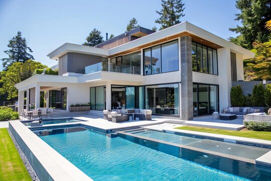 modern luxury home exterior with large swimming pool and lush landscaping on sunny day real estate photography