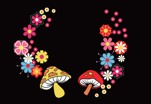 70s Retro hippie magic mushroom and flowers illustration print for graphic tee t shirt or poster - Vector