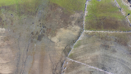 aerial overhead view of the dry surroundings of the Porma reservoir in the province of León, Spain