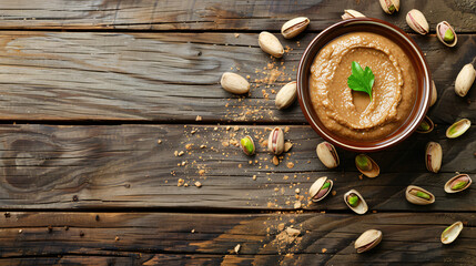 Delicious nut butter in bowl and pistachios on wooden background