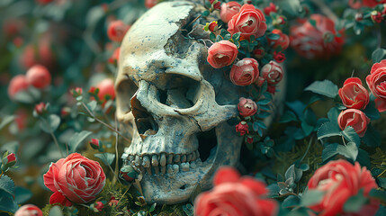 A human skull surrounded by vibrant red roses, creating a striking contrast between life and death.