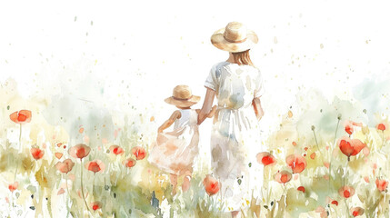 A painting of a woman holding hands with a child, standing in a vibrant field of colorful flowers under a clear sky - obrazy, fototapety, plakaty