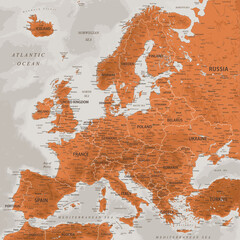 Europe - Highly Detailed Vector Map of the Europe. Ideally for the Print Posters. Terracotta Brown Orange Beige Colors. Relief Topographic and Depth