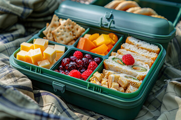 Picnic lunchbox with sandwiches, cheese, crackers and berries.