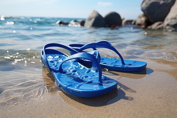 Obraz premium Blue sandals on sandy beach